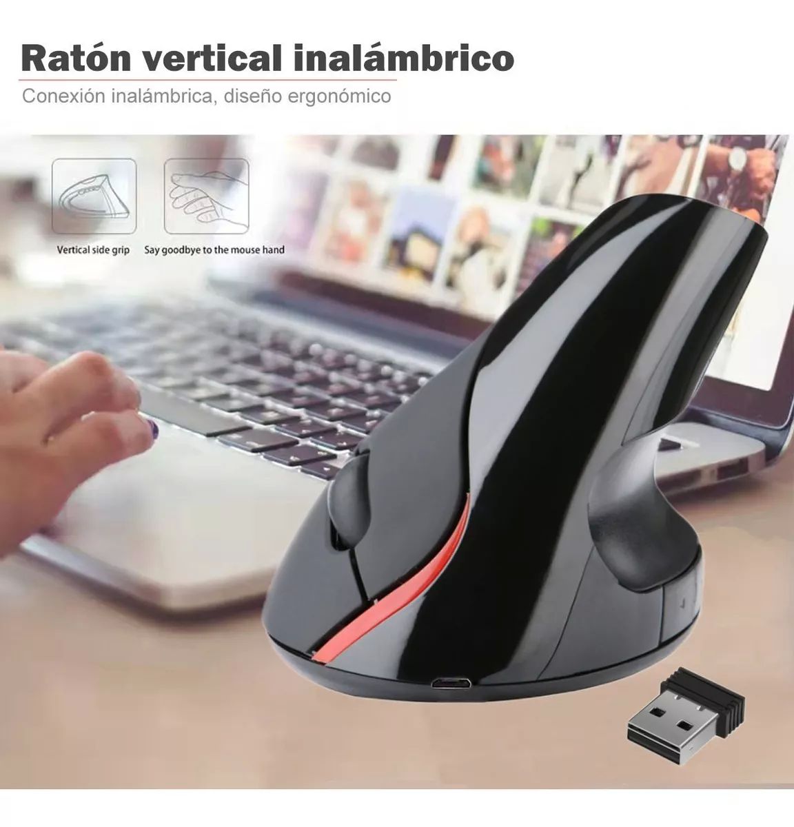 Ratón Ergonómico Inalámbrico Recargable, 2.4 Ghz Con 3 Dpis