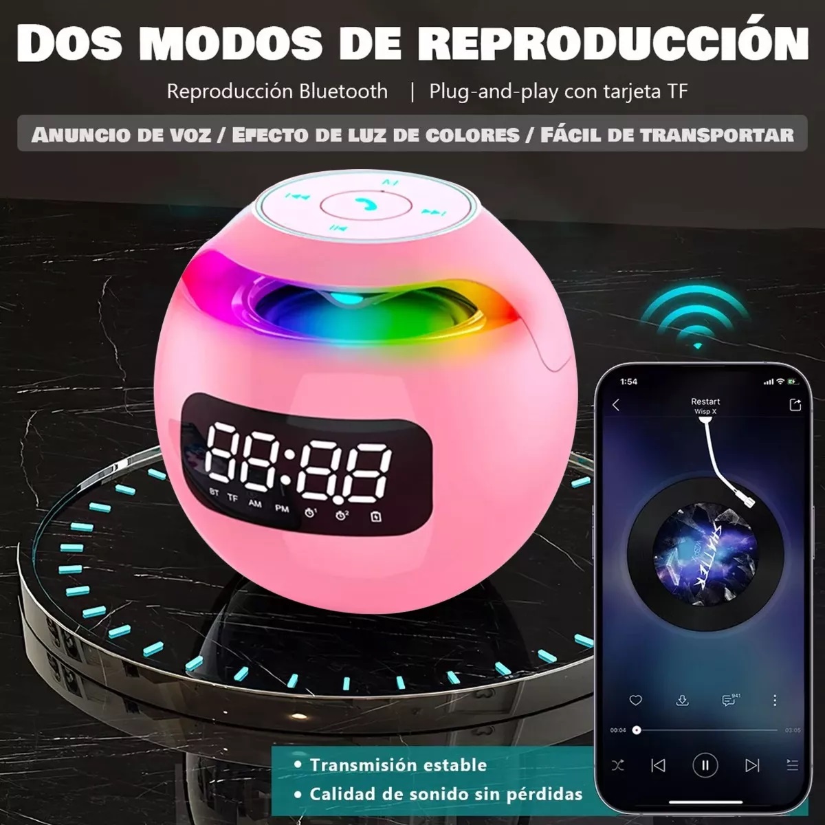 Bocina Bluetooth Portátil Con Reloj Digital Rosa