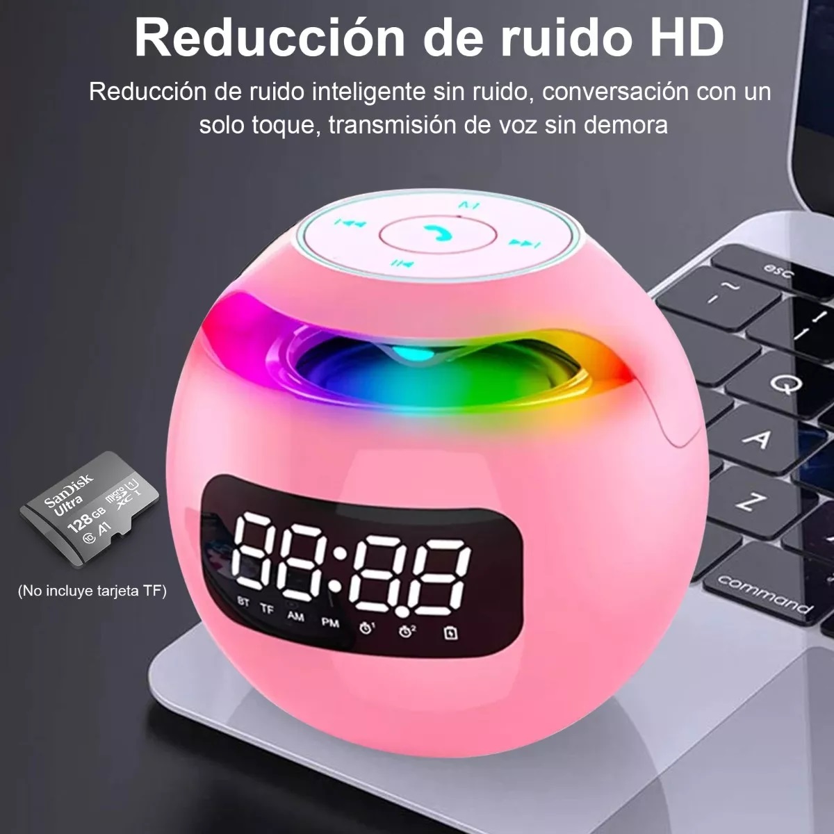 Bocina Bluetooth Portátil Con Reloj Digital Rosa