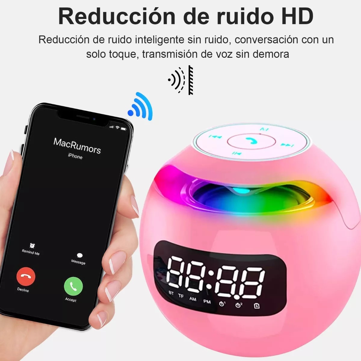 Bocina Bluetooth Portátil Con Reloj Digital Rosa