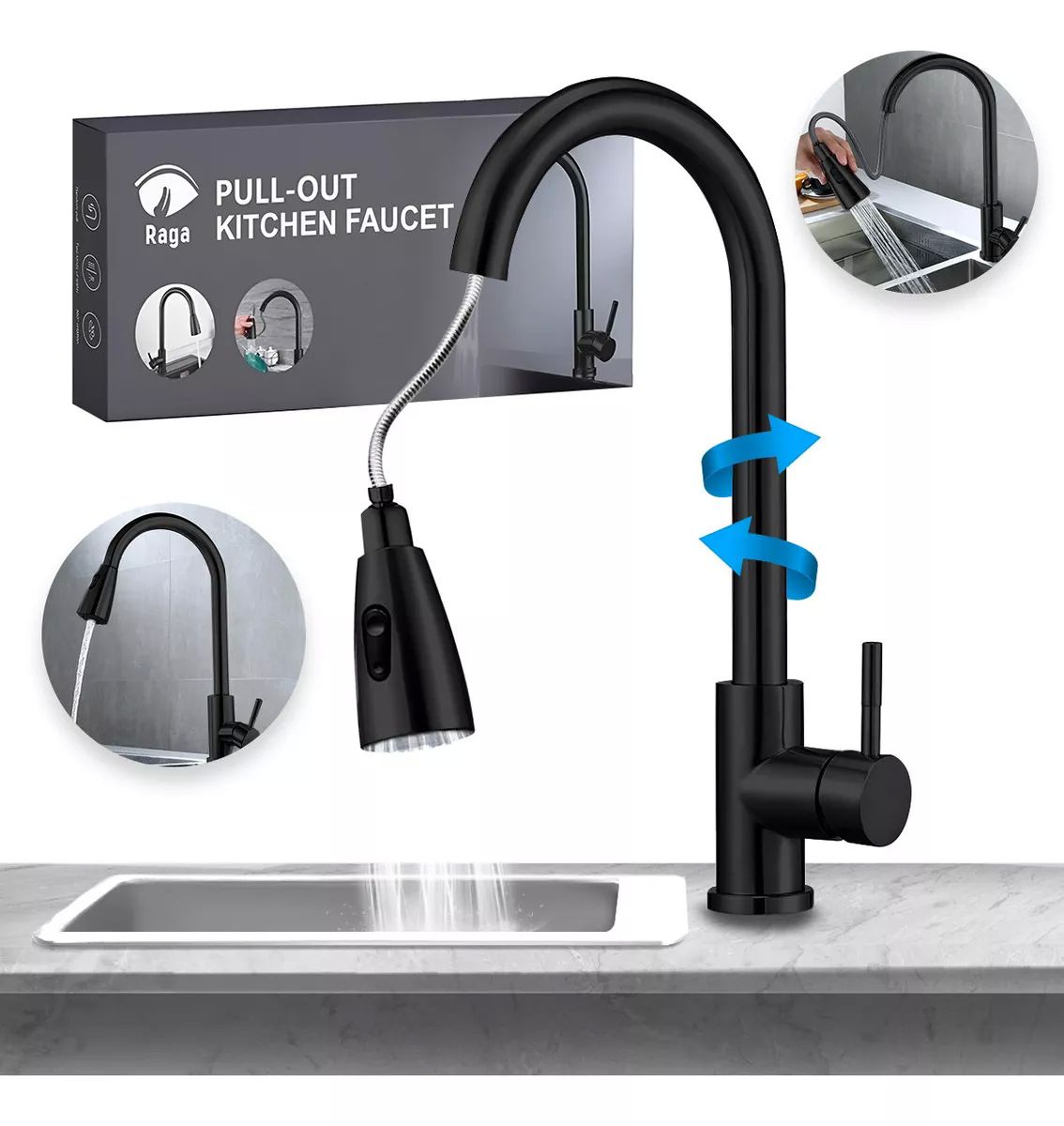 Grifo Cocina Monomando Extraíble Tarja Inoxidable Negro Mate