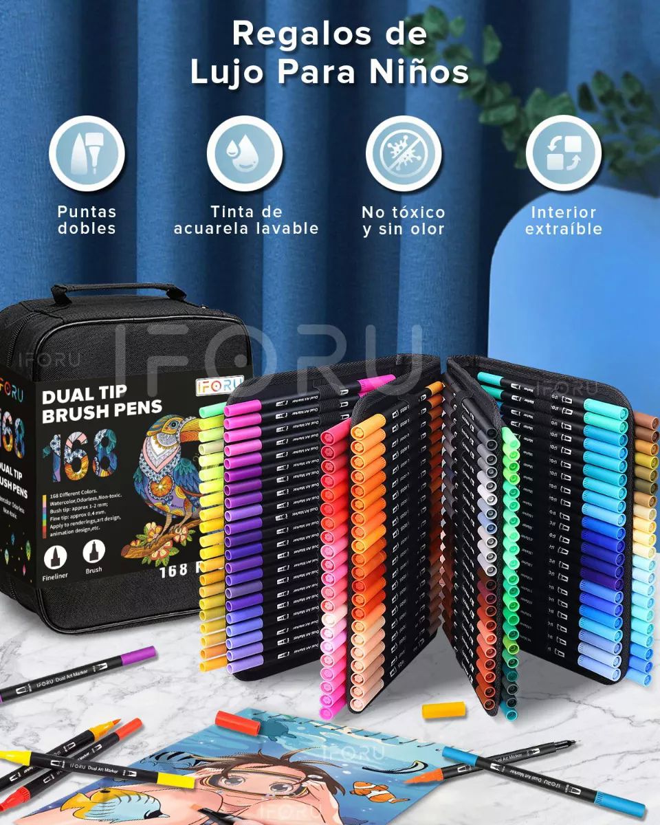 Marcadores Doble Punta Plumones Punta Pincel Iforu 168 Color