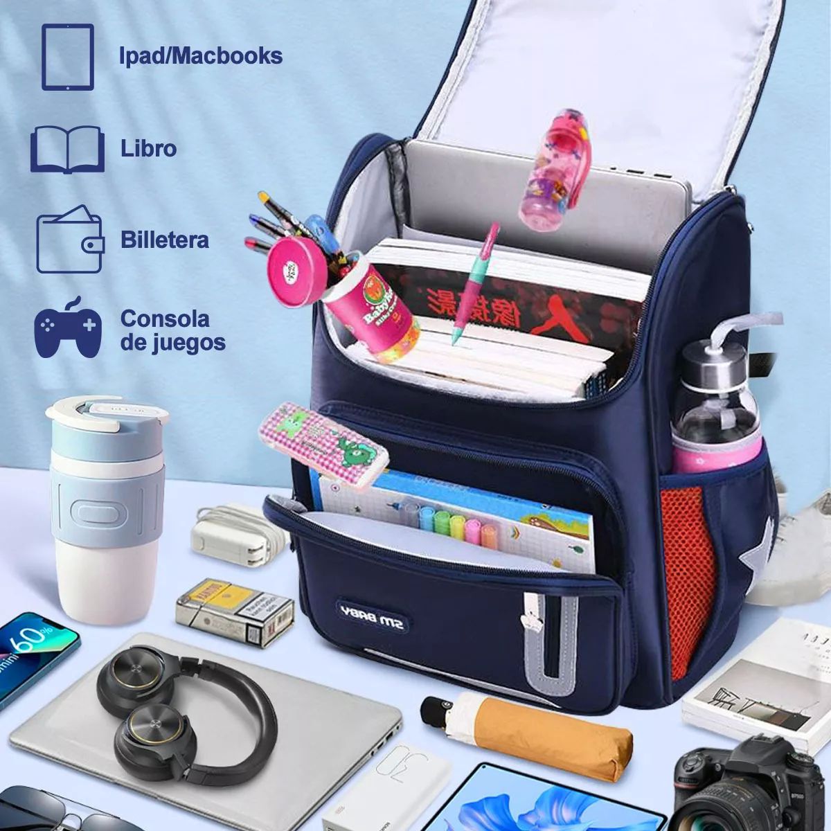 Mochila Escolar De Gran Capacidad Impermeable Primaria Con Parche Reflectante De Seguridad color ROJO