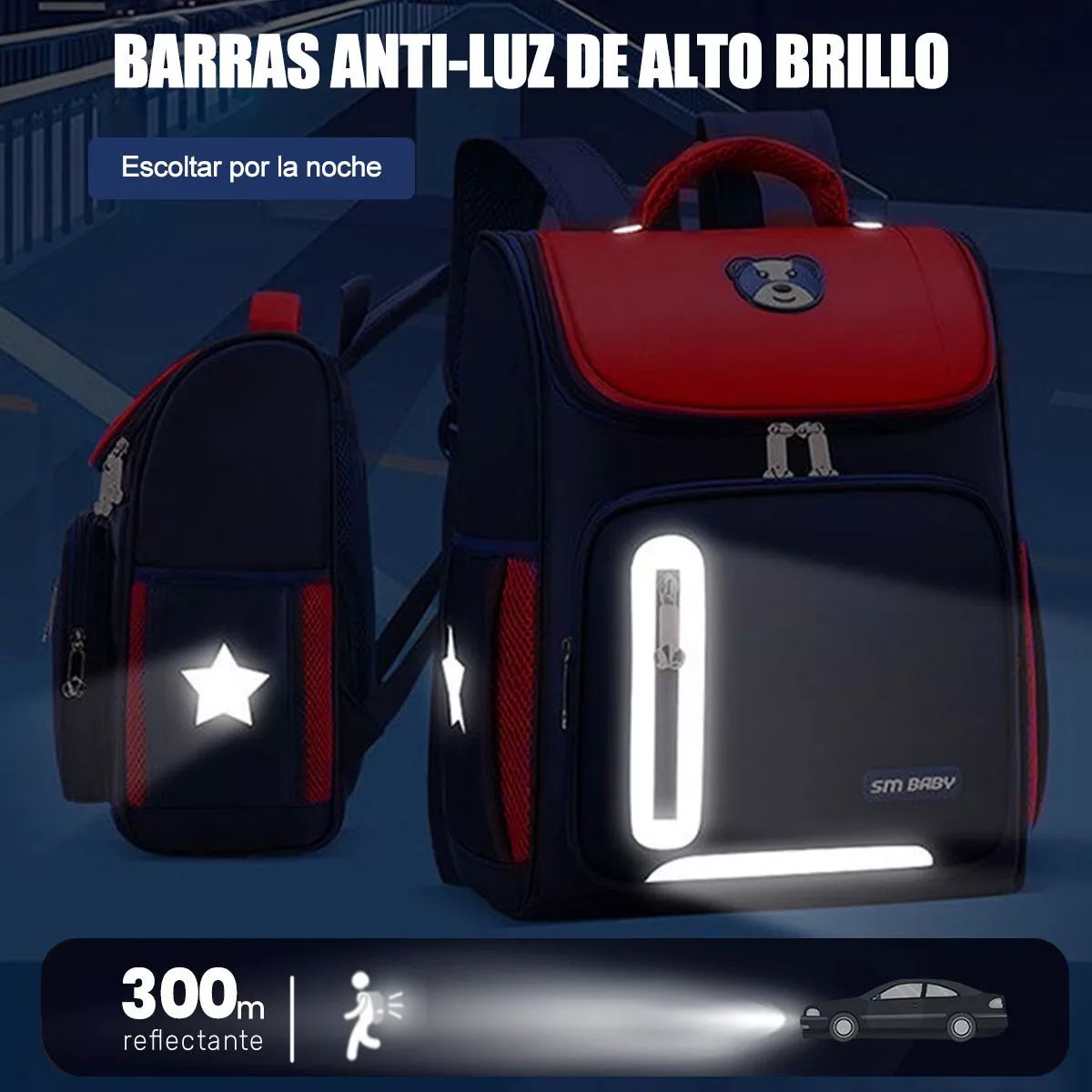 Mochila Escolar De Gran Capacidad Impermeable Primaria Con Parche Reflectante De Seguridad color ROJO