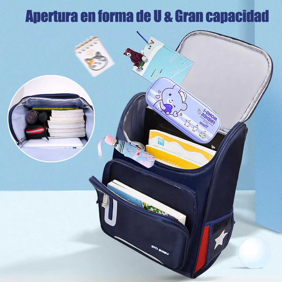 Mochila Escolar De Gran Capacidad Impermeable Primaria Con Parche Reflectante De Seguridad color ROJO