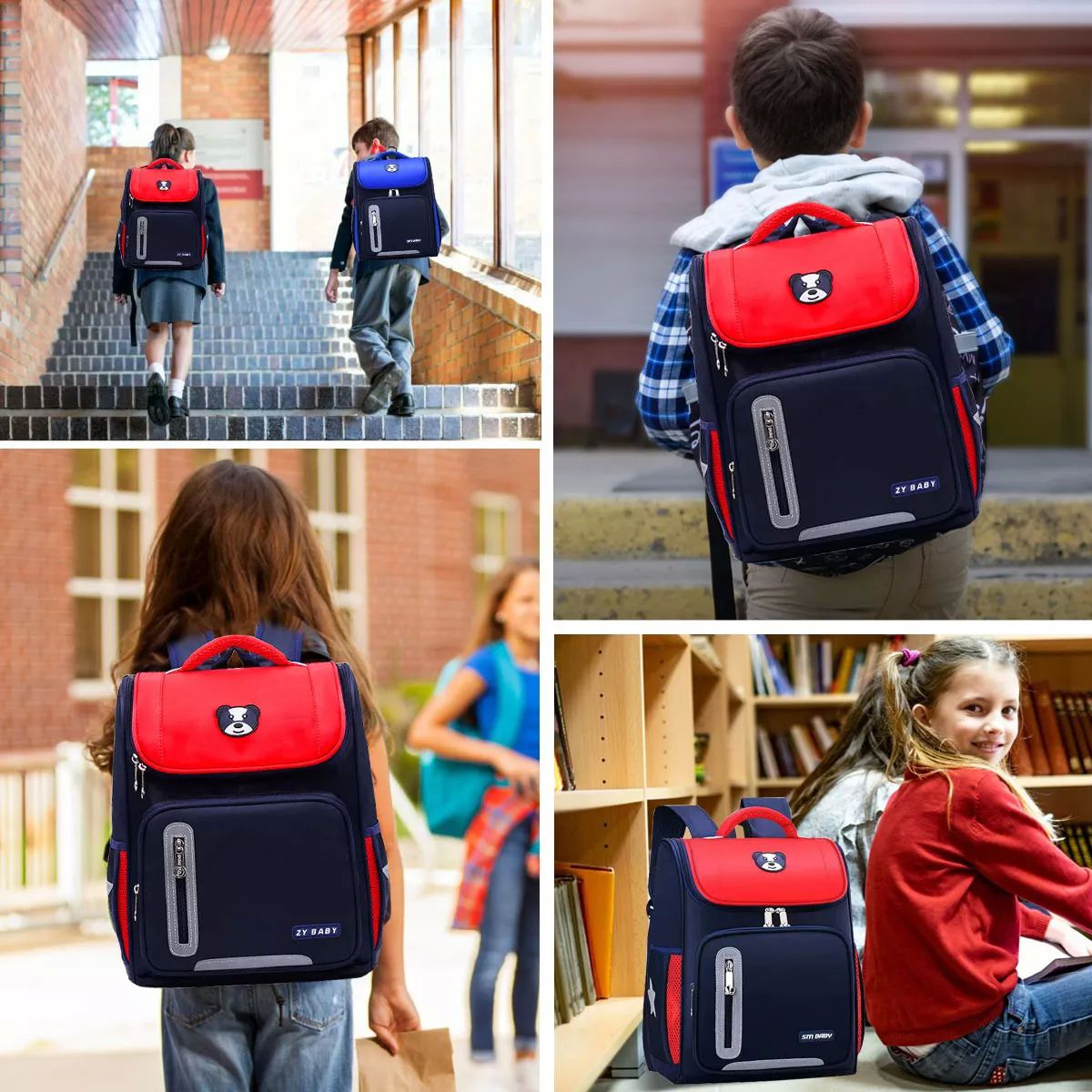 Mochila Escolar De Gran Capacidad Impermeable Primaria Con Parche Reflectante De Seguridad color ROJO