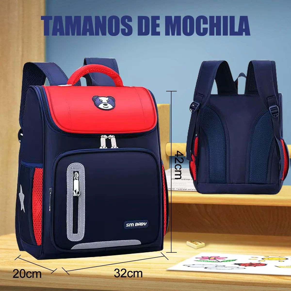 Mochila Escolar De Gran Capacidad Impermeable Primaria Con Parche Reflectante De Seguridad color ROJO