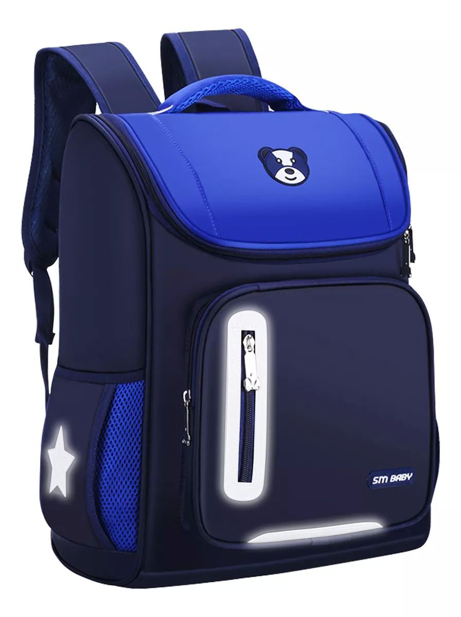 Mochila Escolar De Gran Capacidad Impermeable Primaria Con Parche Reflectante De Seguridad color AZUL.