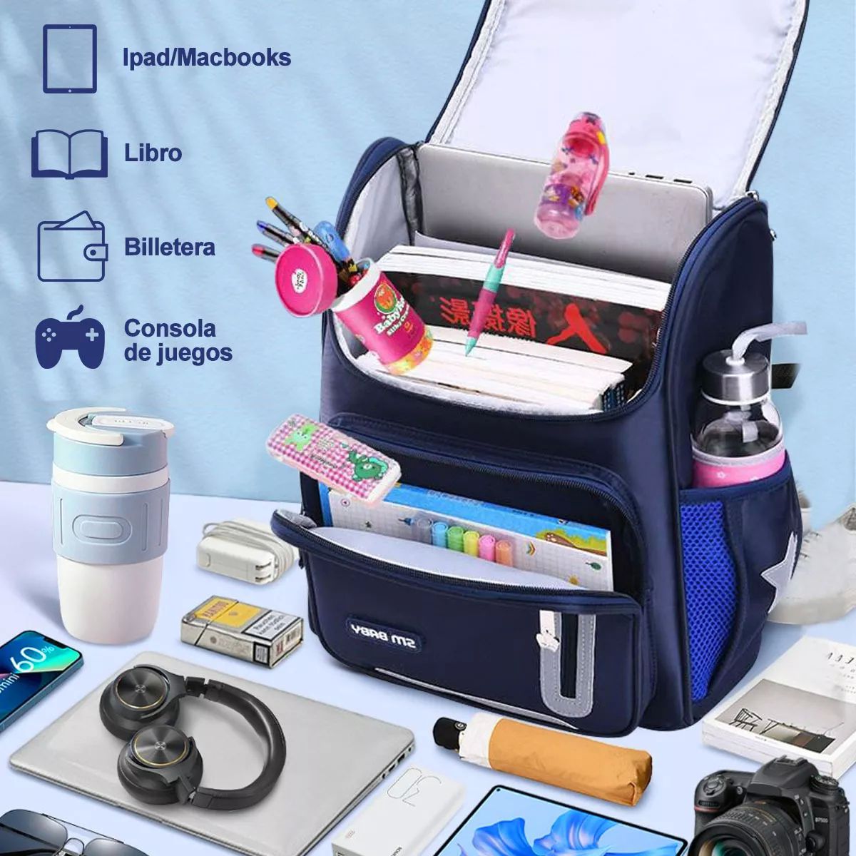 Mochila Escolar De Gran Capacidad Impermeable Primaria Con Parche Reflectante De Seguridad color AZUL.