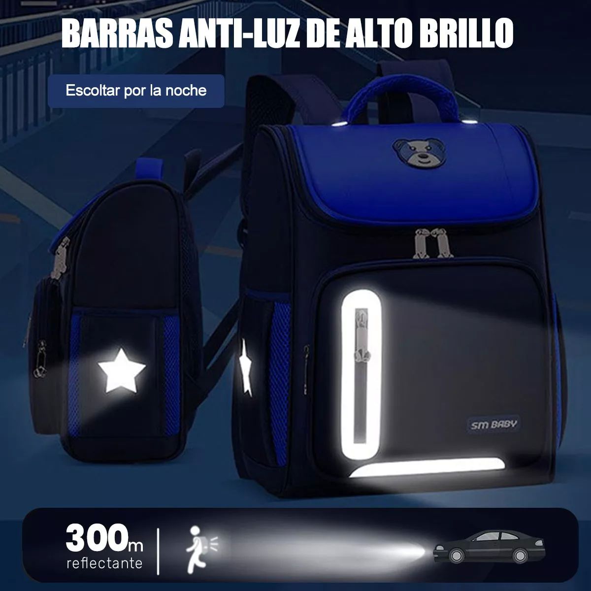 Mochila Escolar De Gran Capacidad Impermeable Primaria Con Parche Reflectante De Seguridad color AZUL.