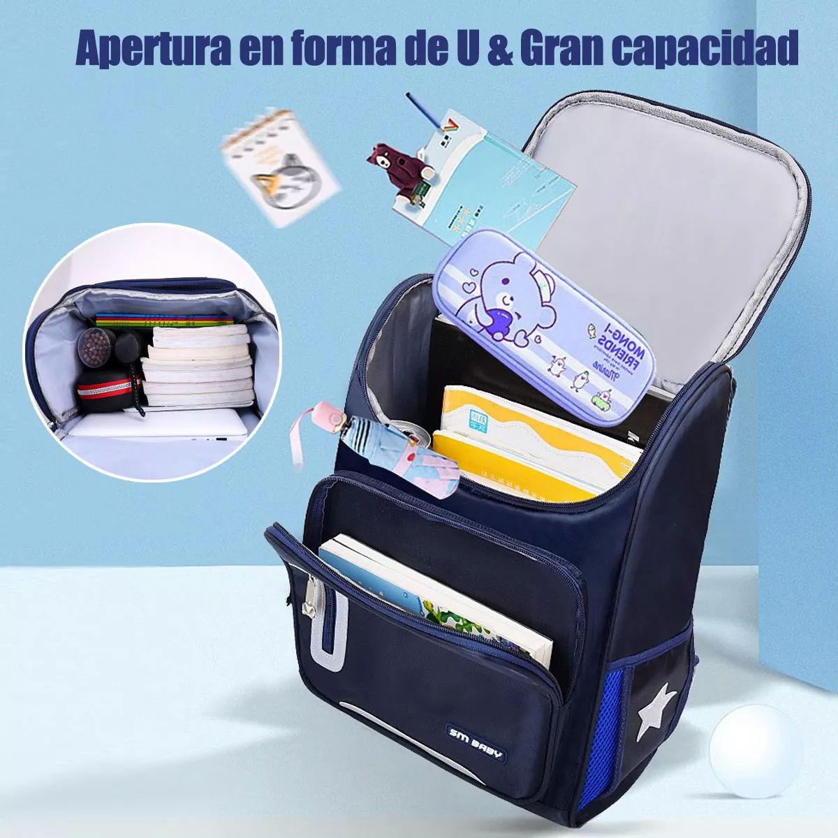 Mochila Escolar De Gran Capacidad Impermeable Primaria Con Parche Reflectante De Seguridad color AZUL.