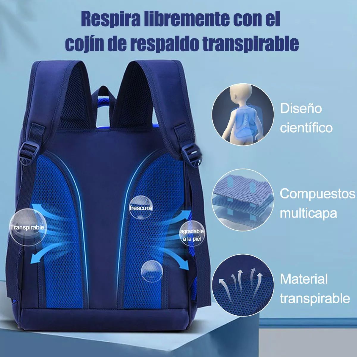 Mochila Escolar De Gran Capacidad Impermeable Primaria Con Parche Reflectante De Seguridad color AZUL.