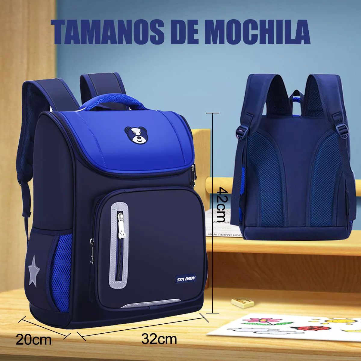 Mochila Escolar De Gran Capacidad Impermeable Primaria Con Parche Reflectante De Seguridad color AZUL.