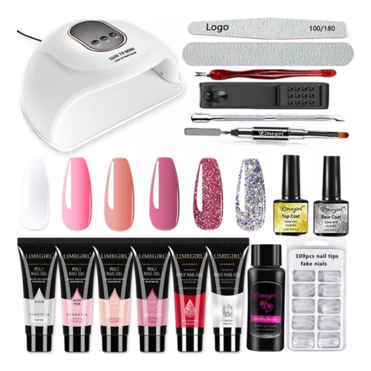 Kit Glitter Polygel Con Lámpara Led/uv + Utensilios Manicura 