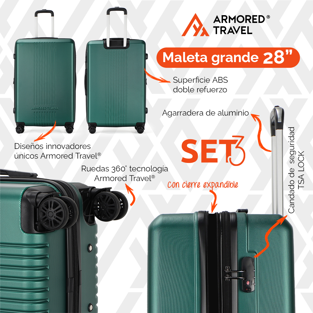 Maletas de viaje Rígidas set grande kit 3 piezas 28 24 20 pulgadas carry on ABS doble calibre candado de alta seguridad TSA LOCK Verde MILI Armored travel