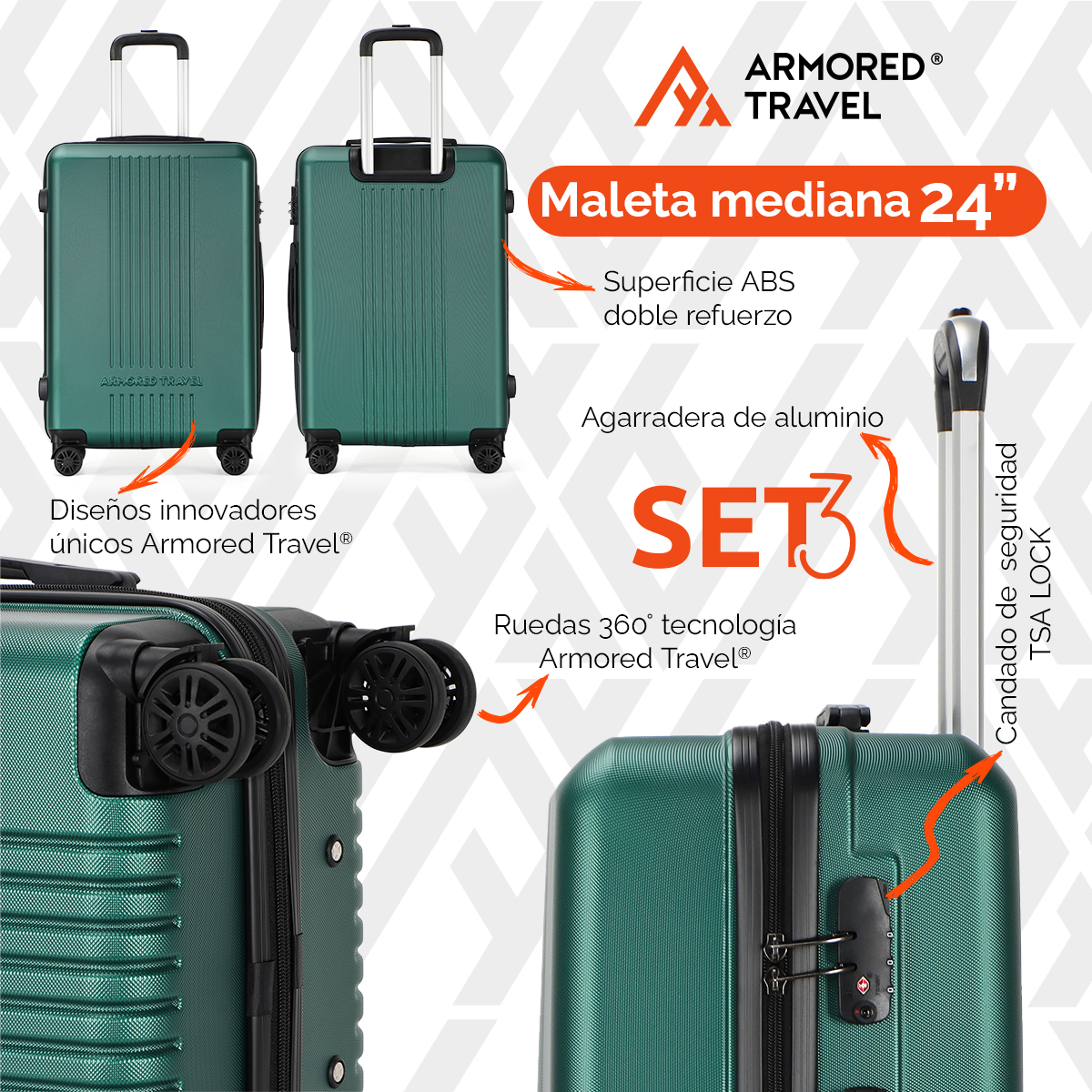 Maletas de viaje Rígidas set grande kit 3 piezas 28 24 20 pulgadas carry on ABS doble calibre candado de alta seguridad TSA LOCK Verde MILI Armored travel