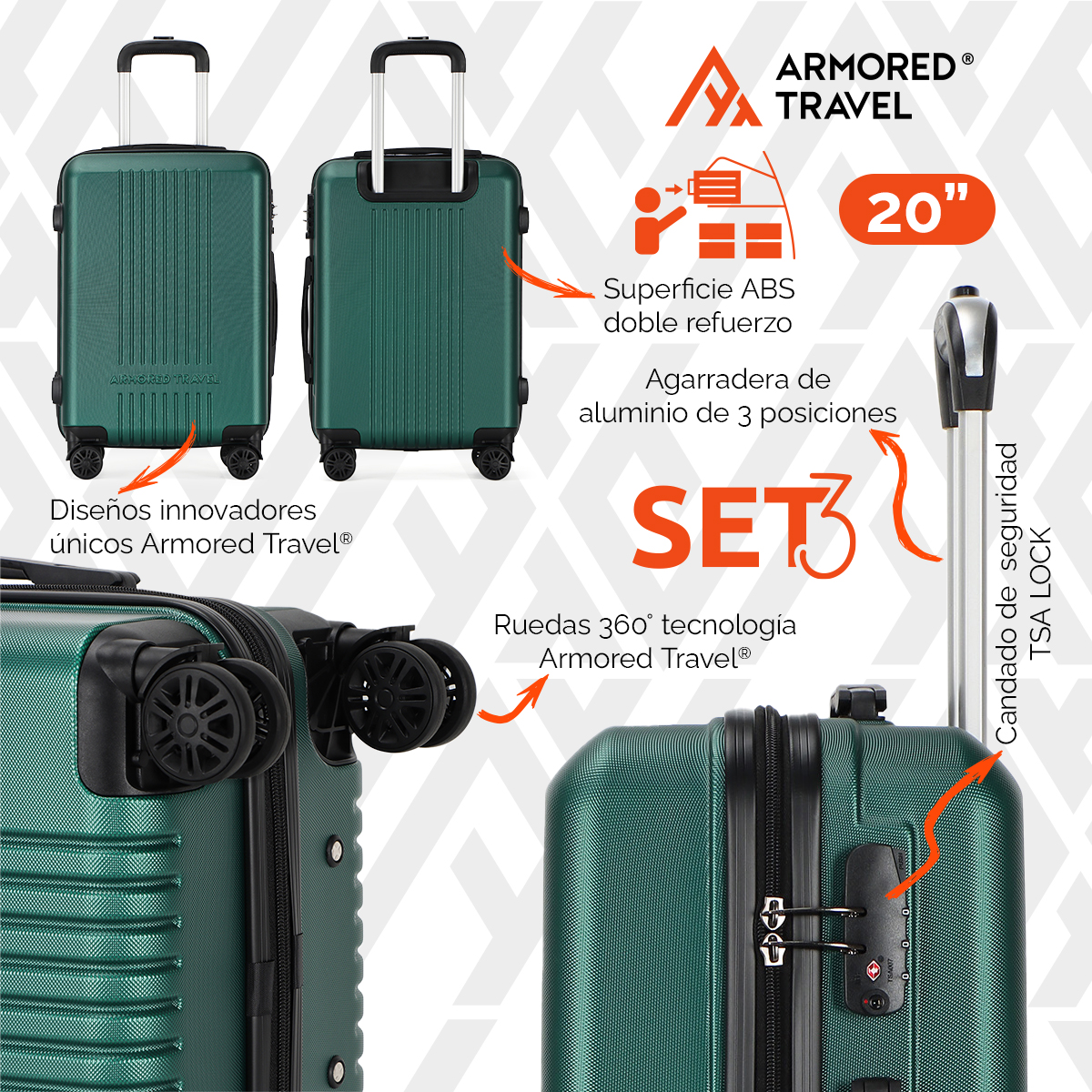 Maletas de viaje Rígidas set grande kit 3 piezas 28 24 20 pulgadas carry on ABS doble calibre candado de alta seguridad TSA LOCK Verde MILI Armored travel