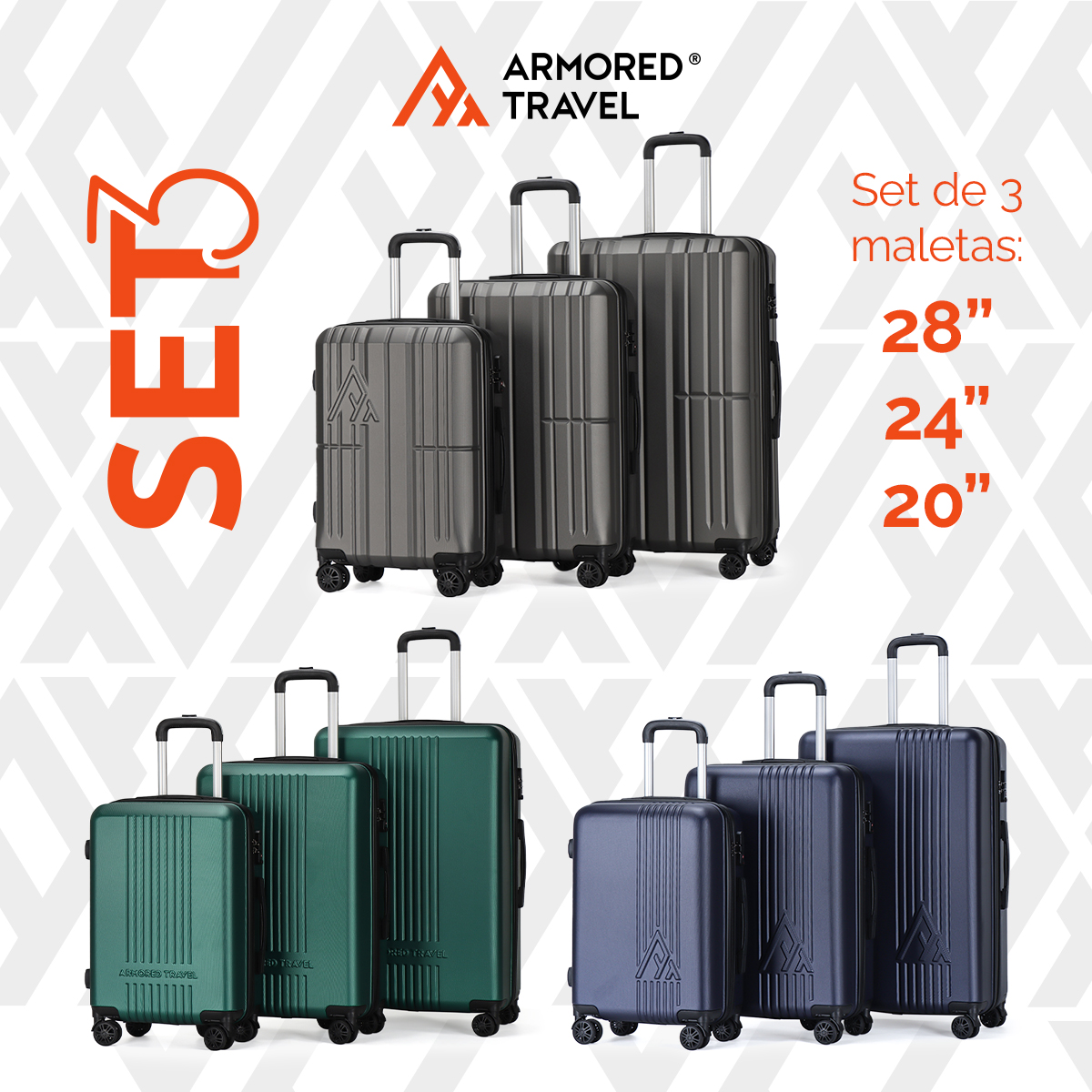 Maletas de viaje Rígidas set grande kit 3 piezas 28 24 20 pulgadas carry on ABS doble calibre candado de alta seguridad TSA LOCK Verde MILI Armored travel