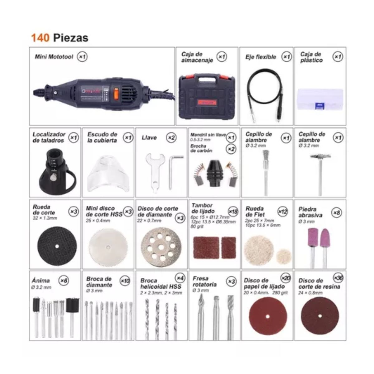 Mototool Electrico Herramientas Con 140 Accesorio Pro Negro