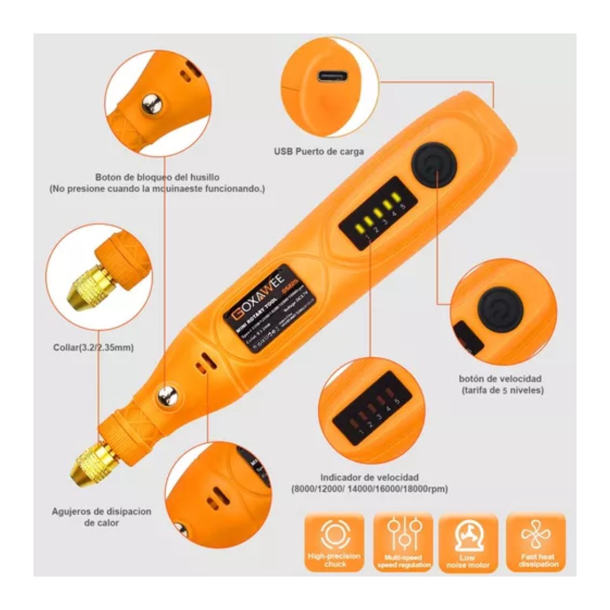 Mini Mototool Taladro Pulido Accesorios Naranja Vino/PLATA 