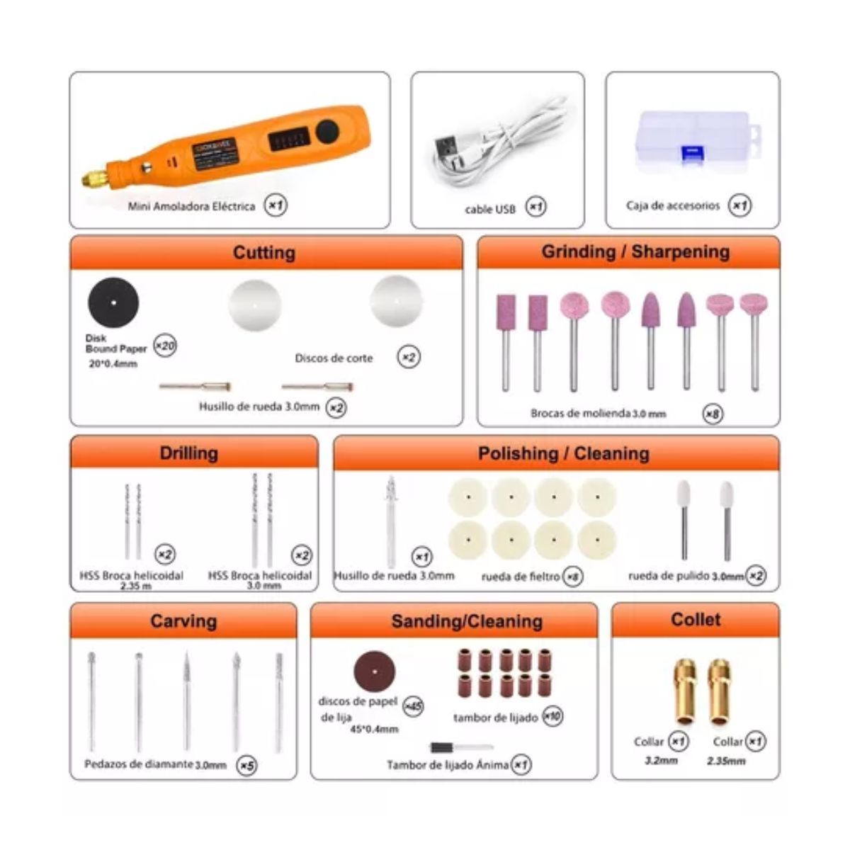 Mini Mototool Taladro Pulido Accesorios Naranja Vino/PLATA 