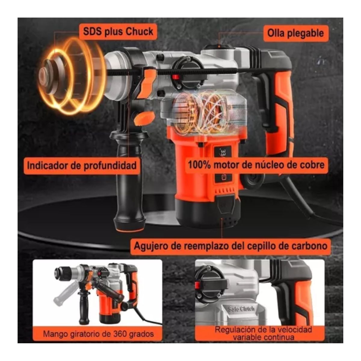 Rotomartillo Cincelador Perforador Sds Industrial 1600w Naranja/Negro