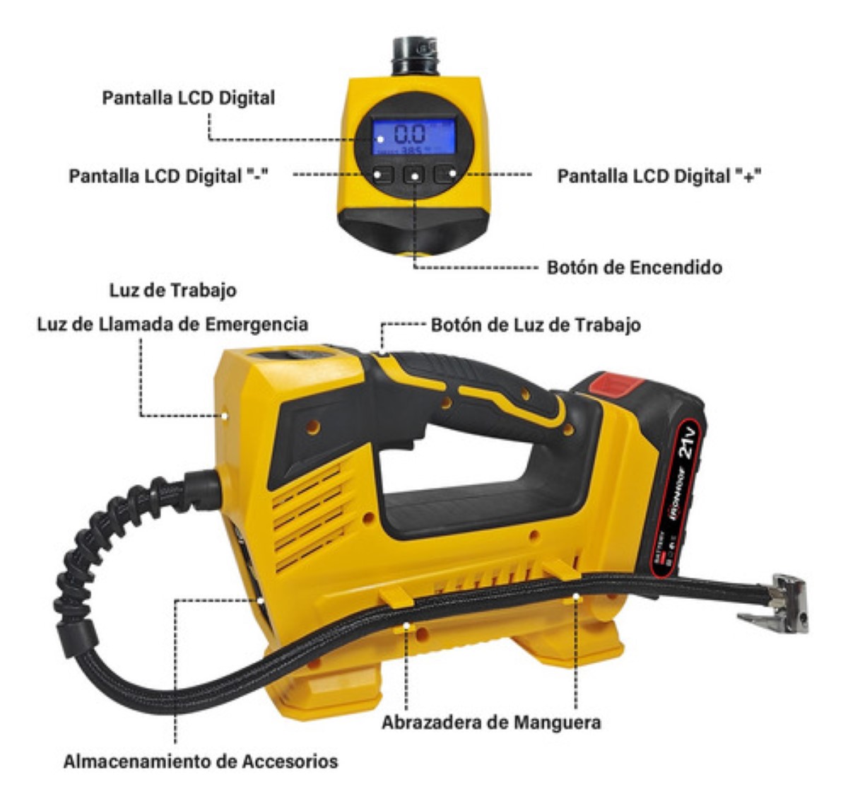 Compresor Inflador De Llantas Inalámbrico Portátil Para Auto Amarillo/Negro