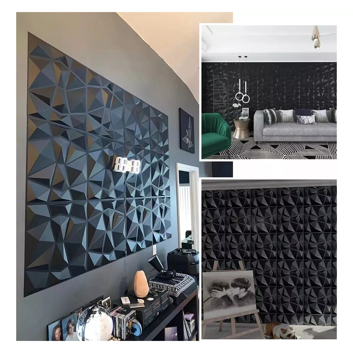 Juego Panel Decorativo 3d Pvc Negro 50*50cm 12 Pcs Con Pegamento