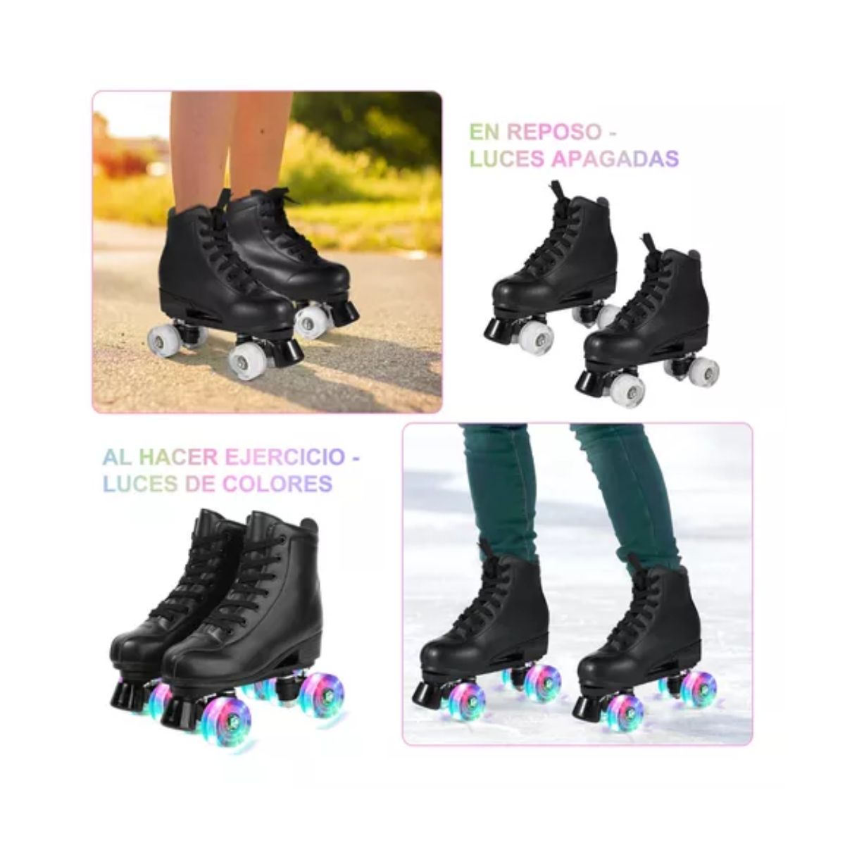 Patines Roller De 4 Ruedas Doble Fila Para Mujer Con Led Talla 40, Negro