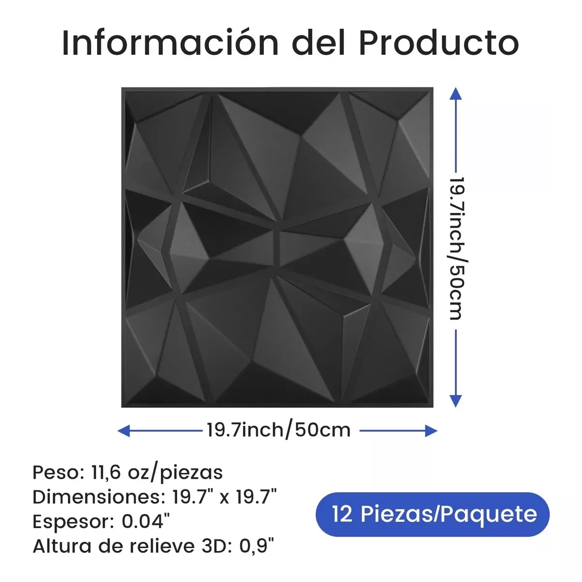 Juego Panel Decorativo 3d Pvc Negro 50*50cm 12 Pcs Con Pegamento