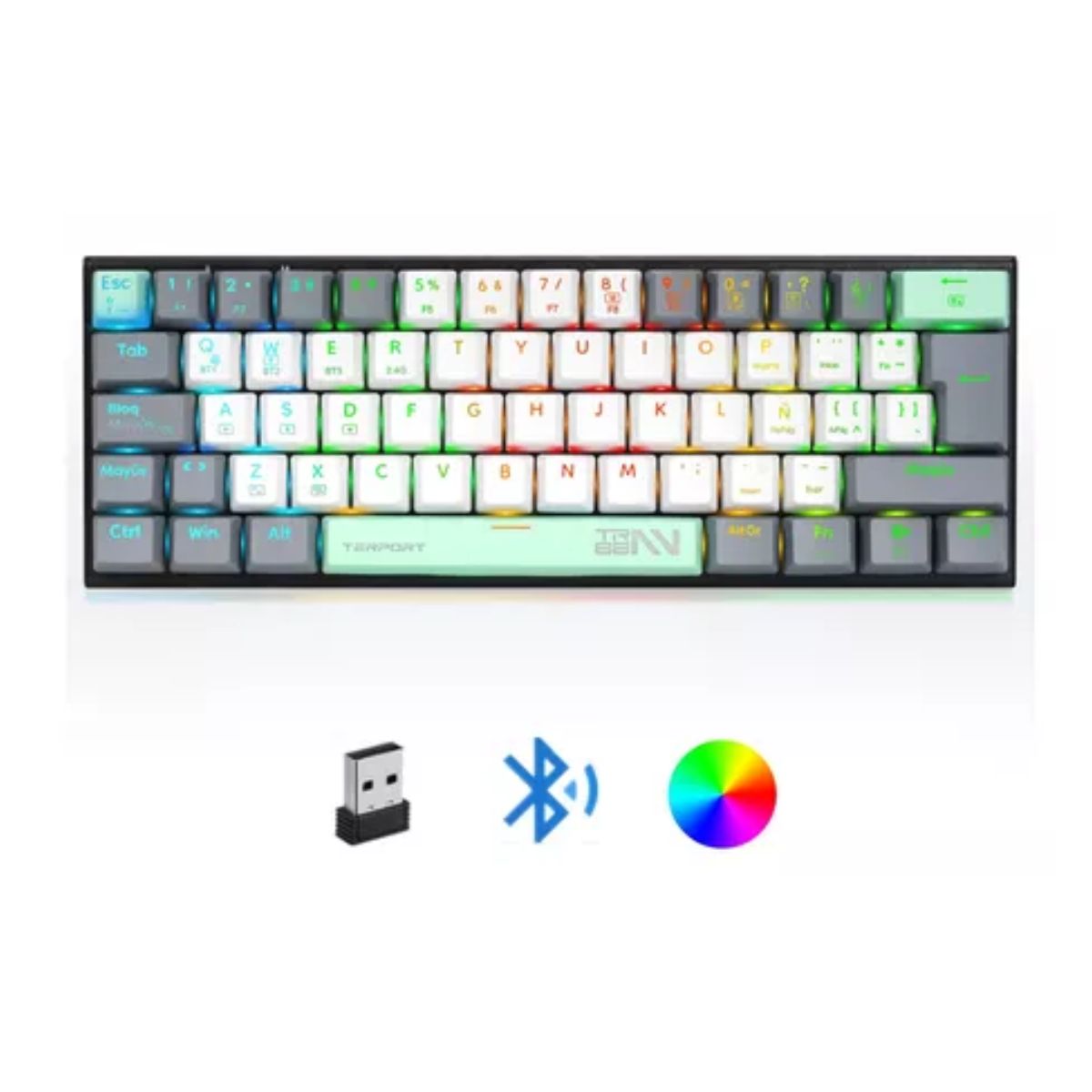 Mini Teclado Inalambrico Español Z11 Con Bt/receptor Usb/cable RGB, Verde menta 