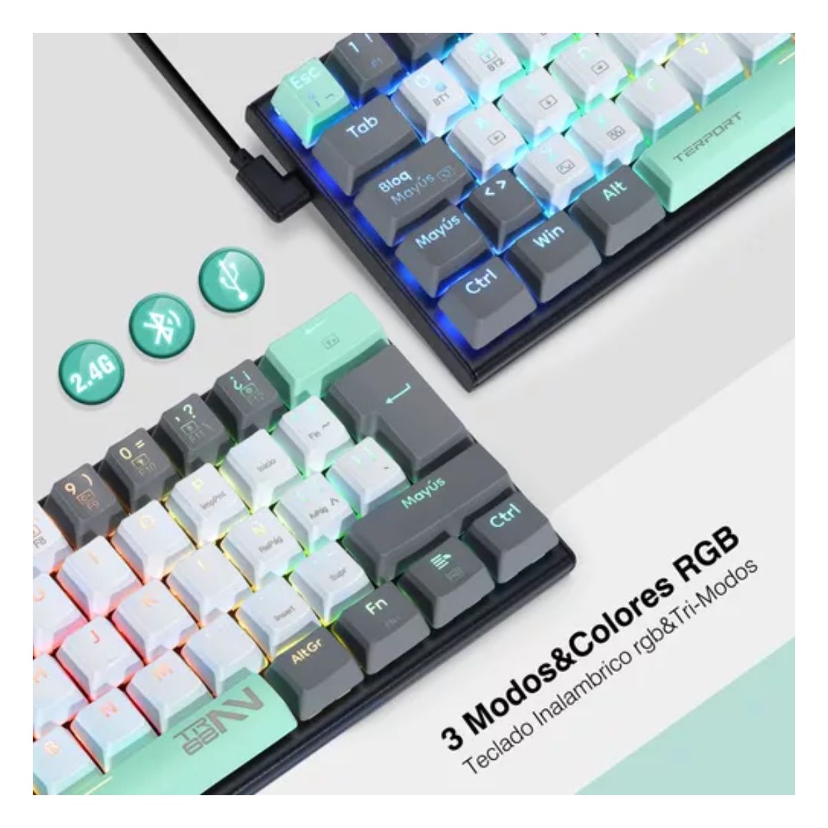 Mini Teclado Inalambrico Español Z11 Con Bt/receptor Usb/cable RGB, Verde menta 