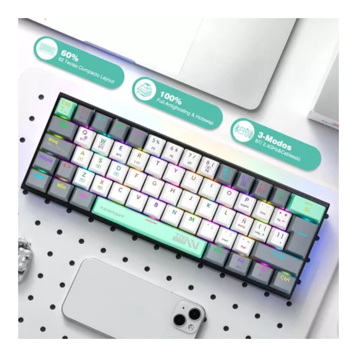 Mini Teclado Inalambrico Español Z11 Con Bt/receptor Usb/cable RGB, Verde menta 