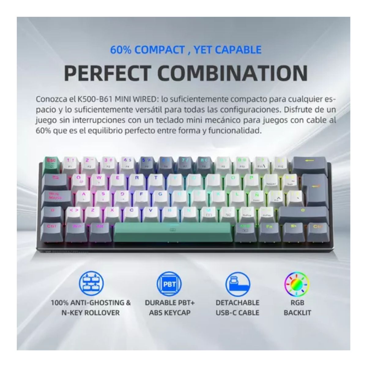 Teclado Mecánico 60% Gamer Español Rgb Pc, Color Brown Switch