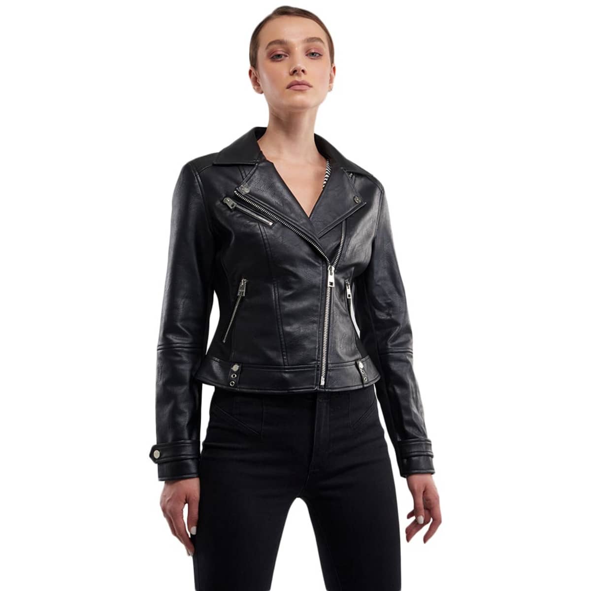 Chamarra color negro para mujer, marca Holly Land, con tacto de piel, mod. 824255