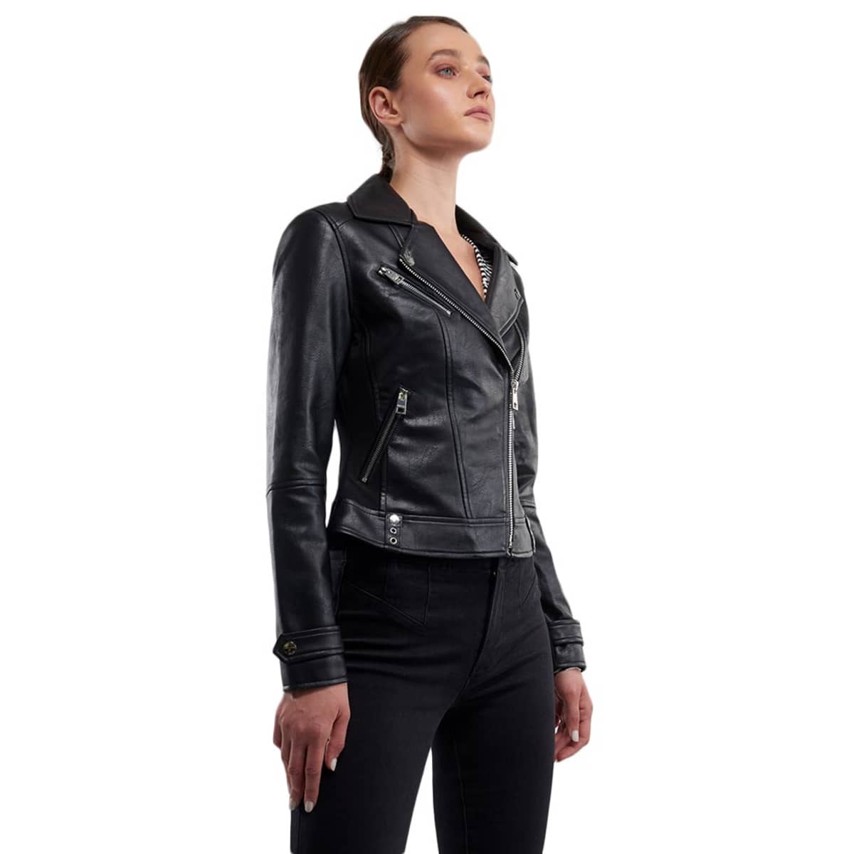 Chamarra color negro para mujer, marca Holly Land, con tacto de piel, mod. 824255