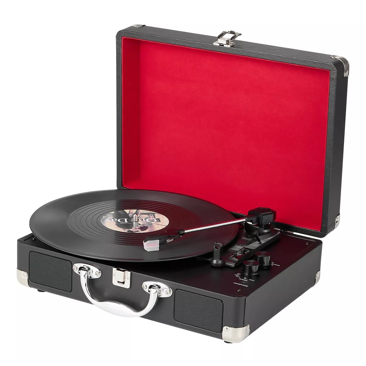 Tocadiscos De Vinilo Retro Portátil Con Bluetooth Estuche Negro Con Rojo
