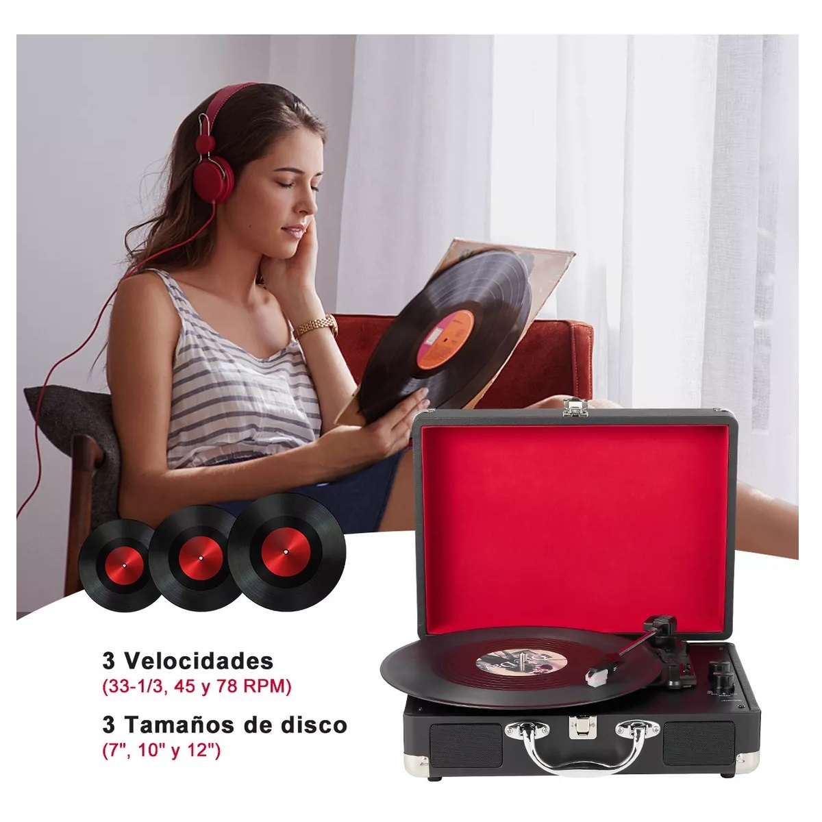 Tocadiscos De Vinilo Retro Portátil Con Bluetooth Estuche Negro Con Rojo