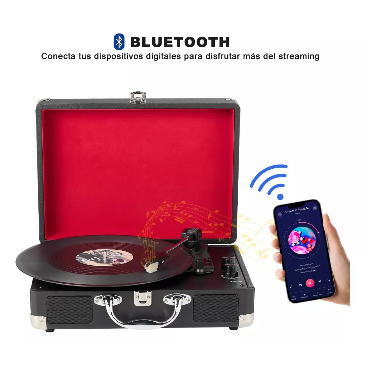 Tocadiscos De Vinilo Retro Portátil Con Bluetooth Estuche Negro Con Rojo