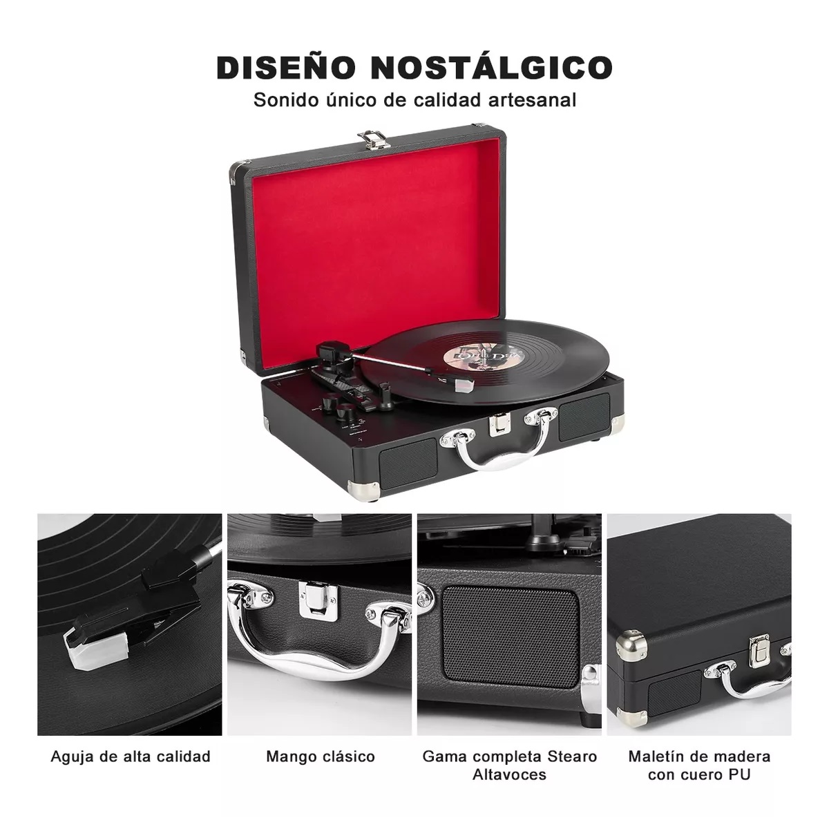 Tocadiscos De Vinilo Retro Portátil Con Bluetooth Estuche Negro Con Rojo