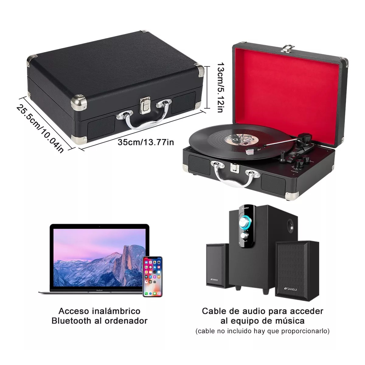 Tocadiscos De Vinilo Retro Portátil Con Bluetooth Estuche Negro Con Rojo