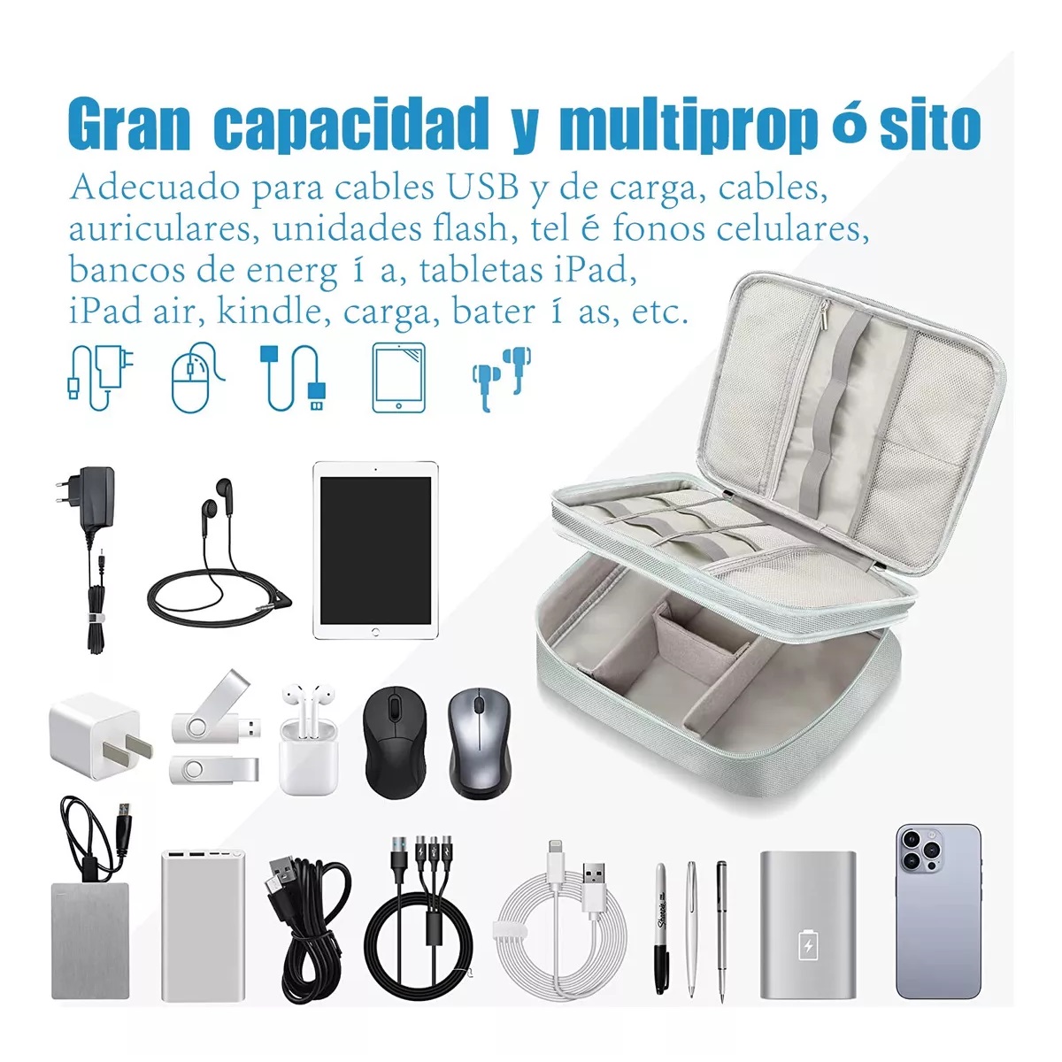 Estuche Organizador De Doble Capa Para Cable Y Cargador Gray