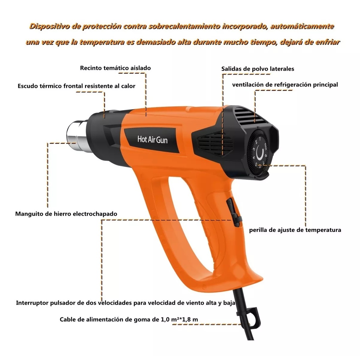 Pistola De Calor 2000w Pistola Calor Temperatura Ajustable Naranja