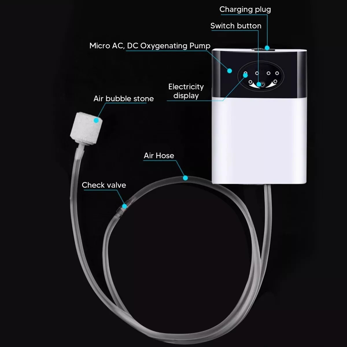 Bomba Agua Oxigenador Pecera Usb Recargable Con 1m Tubo Blanco