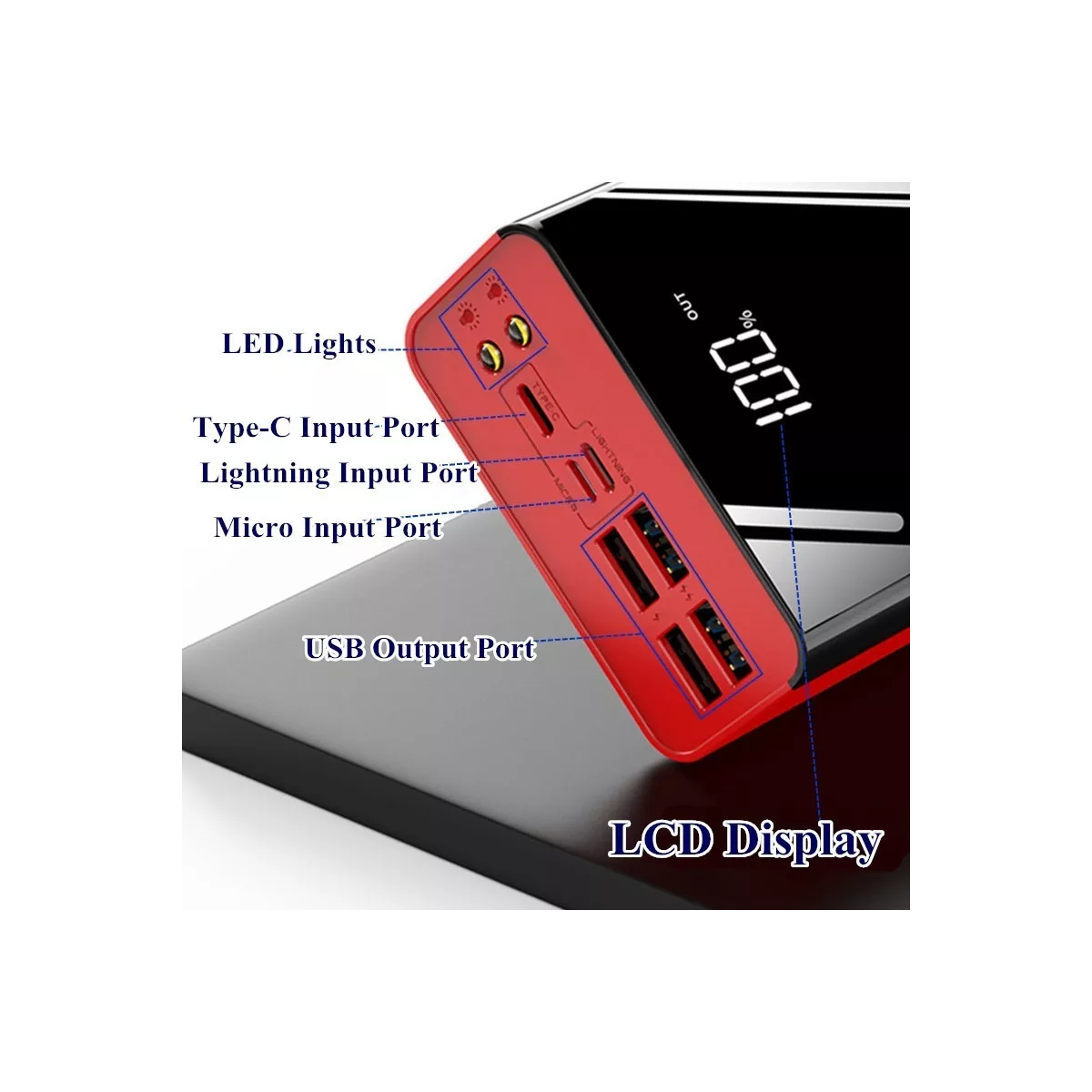 Banco De Energía Batería Portátil 40000mah Celda De Carga Rápida Rojo
