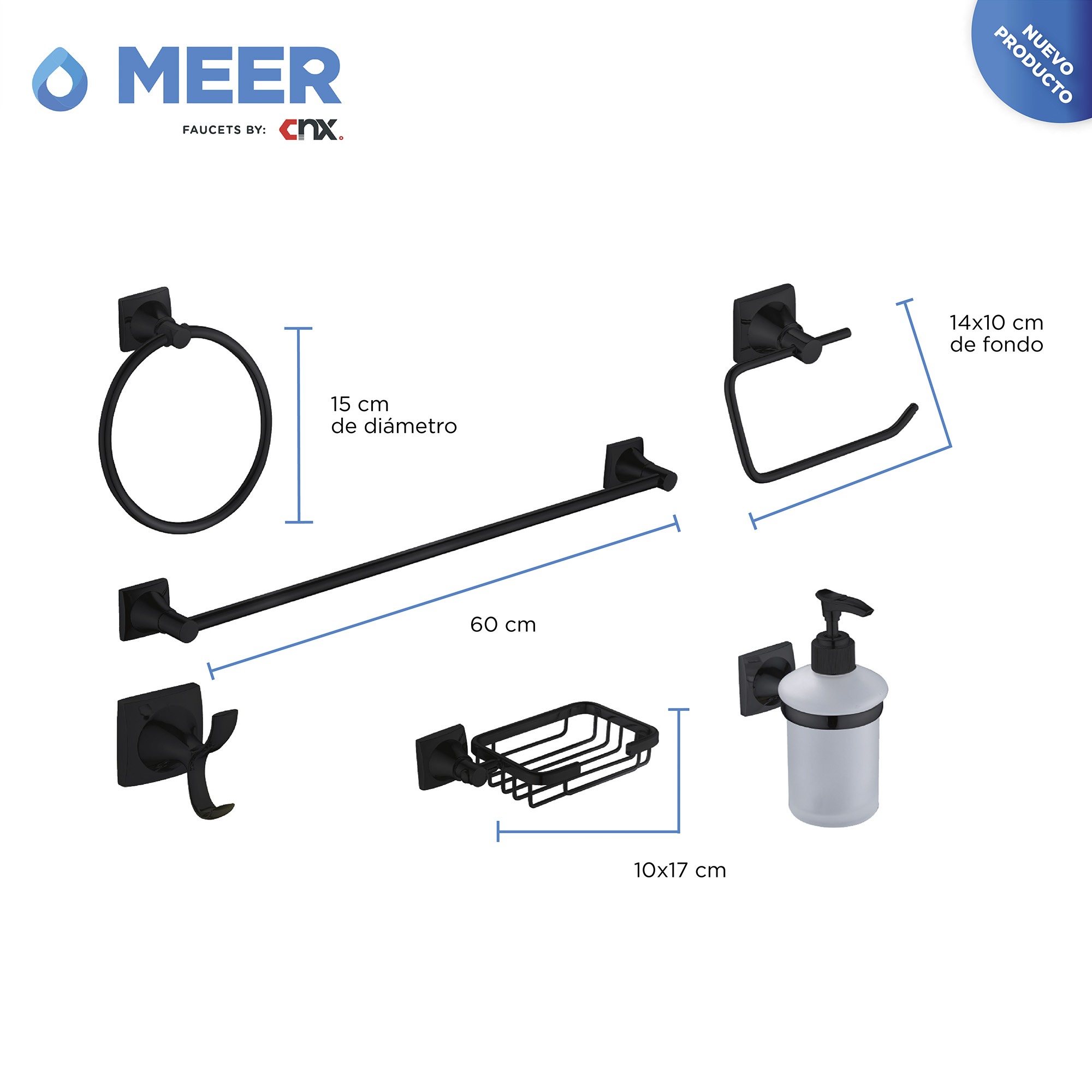 Accesorios para Baño color Negro Mate, Incluye todo lo que tu baño necesita .