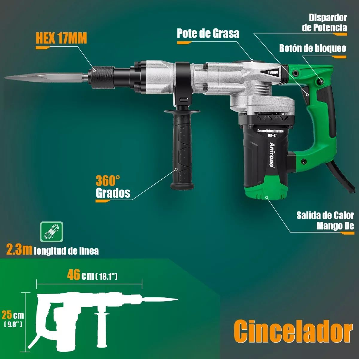 Martillo Demoledor Cincelador Anirona Hex.17 1500w 18j Dh47.