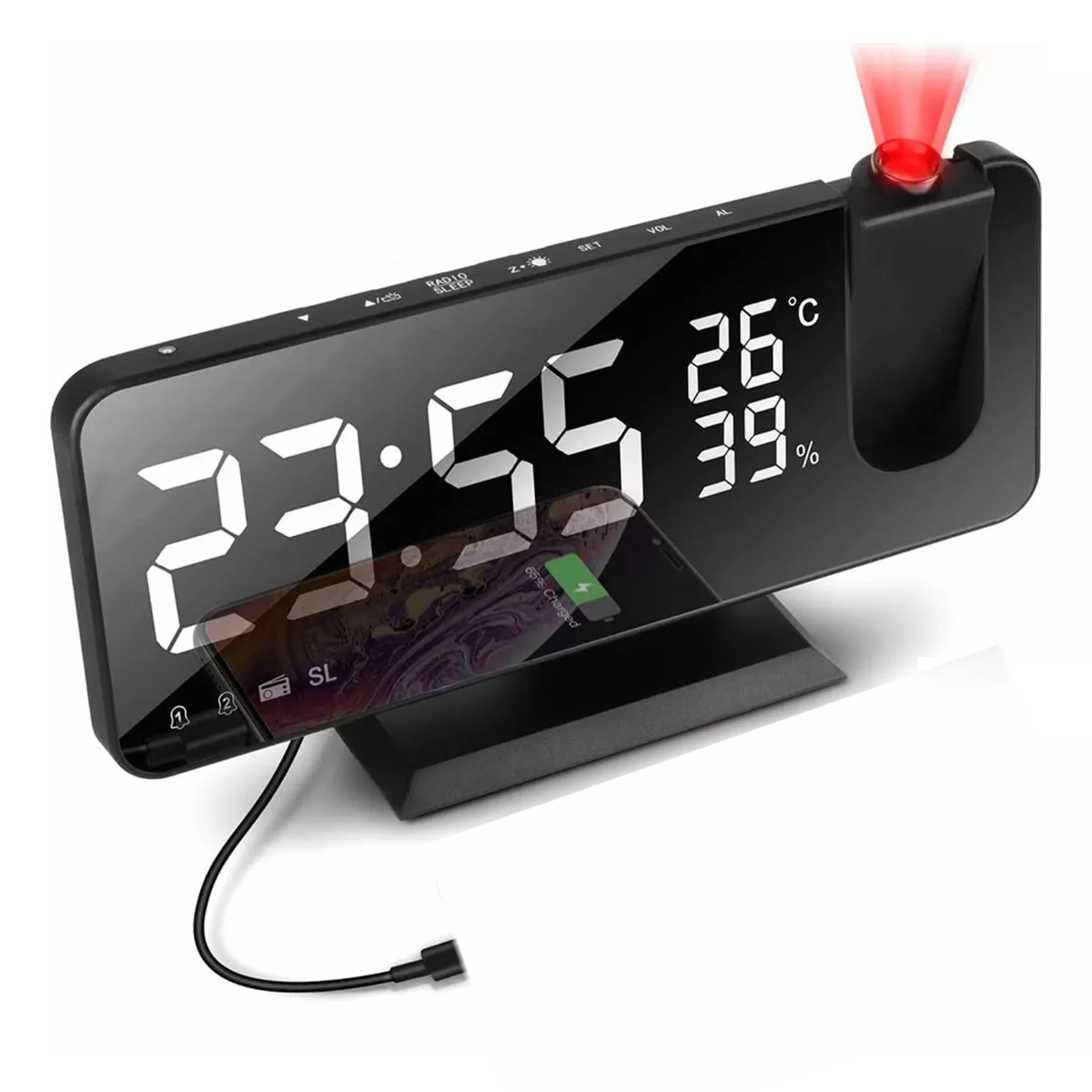 Reloj Despertador Con Proyector Led, Radio, Puerto Carga Usb Negro