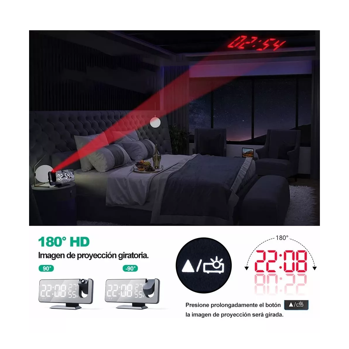 Reloj Despertador Con Proyector Led, Radio, Puerto Carga Usb Negro