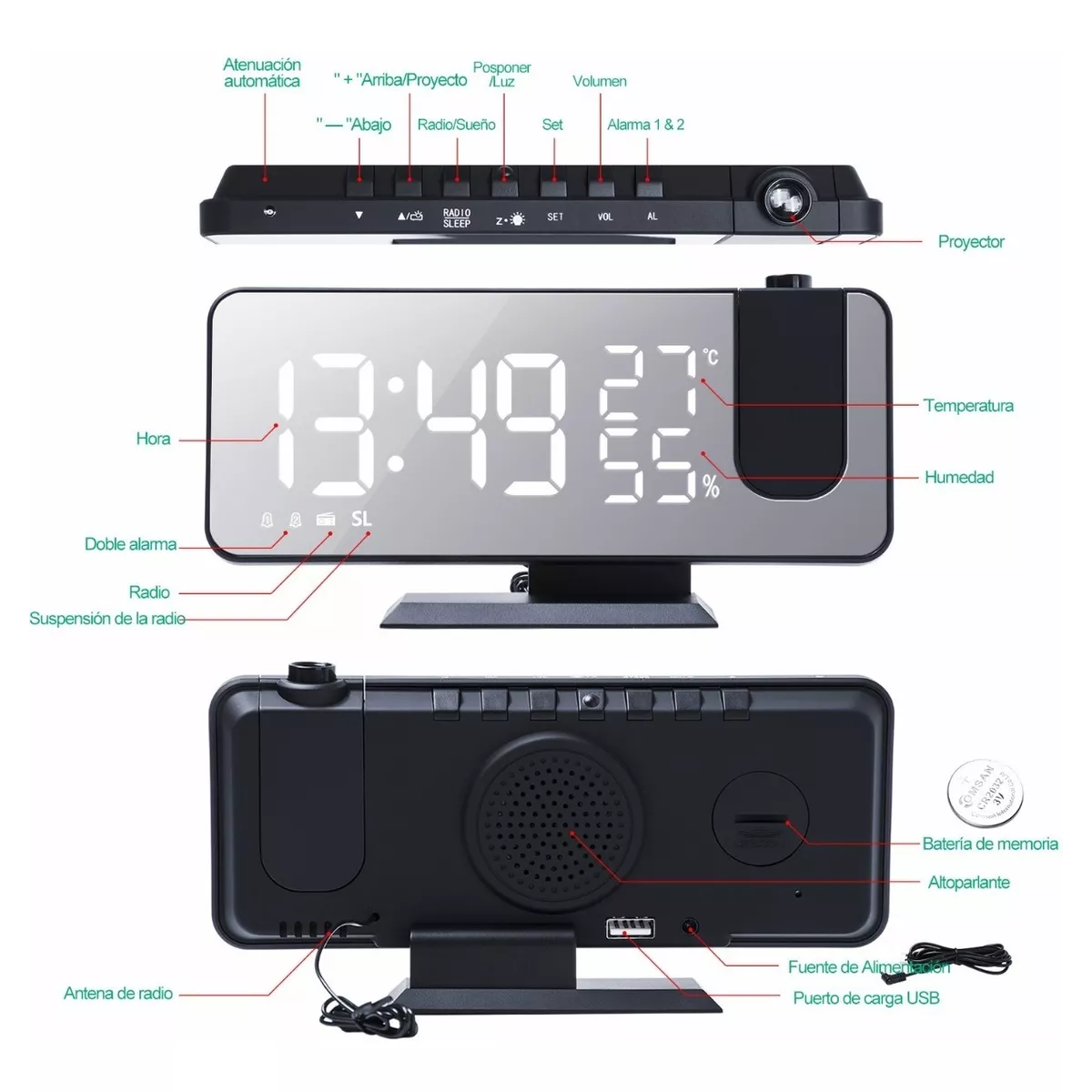 Reloj Despertador Con Proyector Led, Radio, Puerto Carga Usb Negro